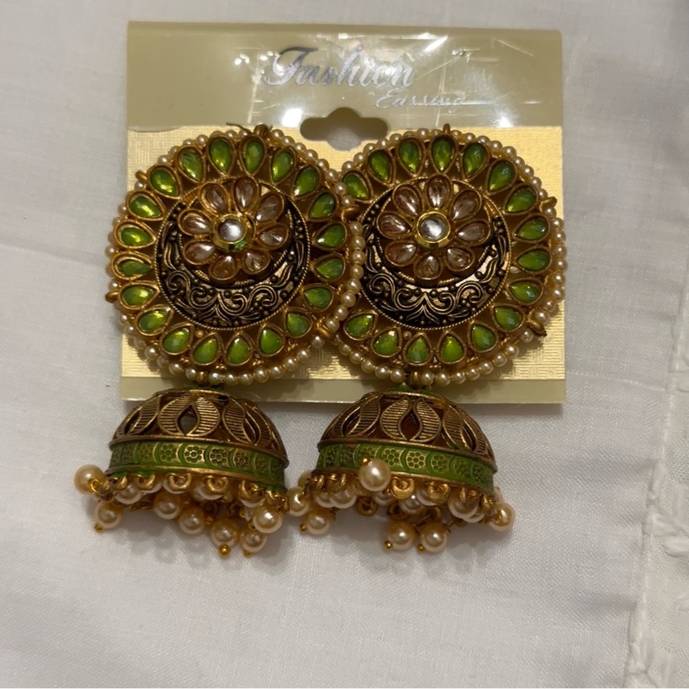Green Jhumka Pearls Chandelier Earrings Vintage Gold Statement Boho Jewelry